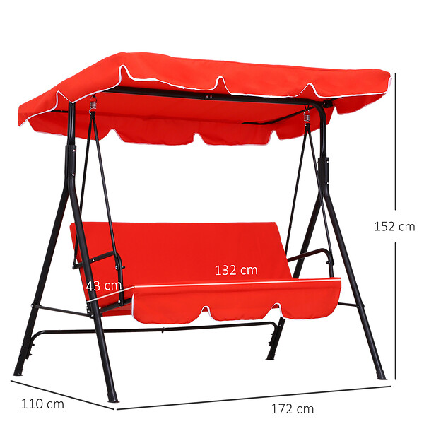 OUTSUNNY - Balancelle de jardin 3 places toit inclinaison réglable coussins assise et dossier 1,72L x 1,1l x 1,52H m acier noir polyester rouge - large