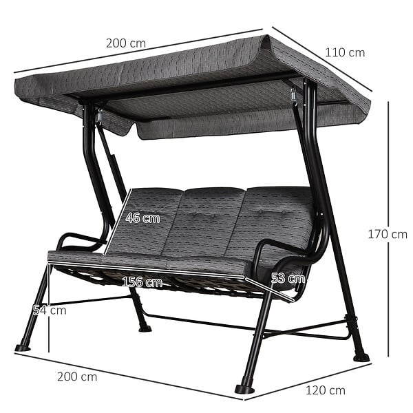 OUTSUNNY - Balancelle de jardin 3 places grand confort toit inclinaison réglable épais coussins amovibles polyester acier époxy gris noir - large