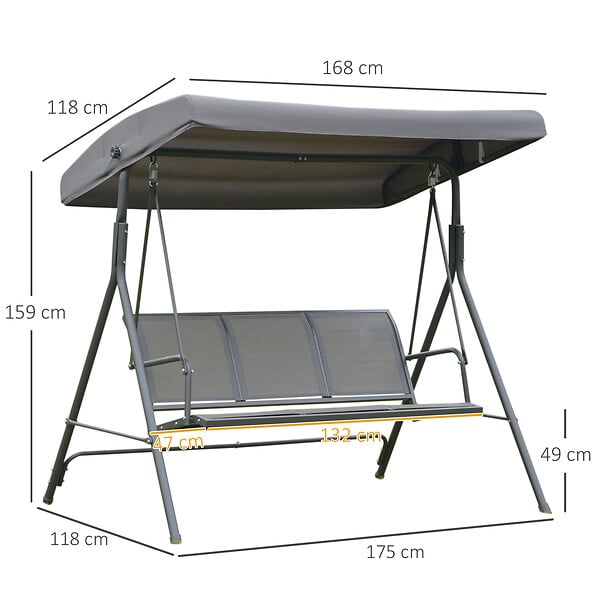 OUTSUNNY - Balancelle de jardin 3 places grand confort toit inclinaison réglable assise et dossier ergonomique acier textilène gris - large