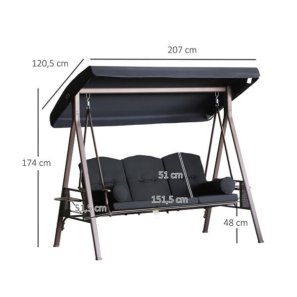 OUTSUNNY - Balancelle de jardin 3 places grand confort toit inclinaison réglable coussins plateaux rétractables polyester filé noir - large