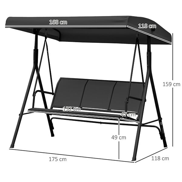 OUTSUNNY - Balancelle de jardin 3 places grand confort toit inclinaison réglable assise et dossier ergonomique acier époxy textilène noir - large