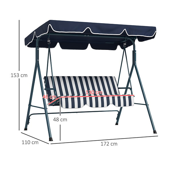 OUTSUNNY - Balancelle de jardin 3 places toit réglable acier polyester bleu blanc rayé - large