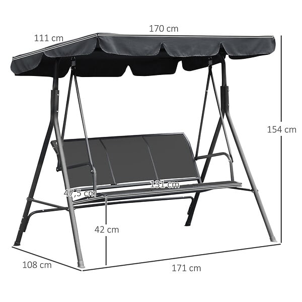 OUTSUNNY - Balancelle de jardin 3 places grand confort toit imperméabilisé inclinaison réglable assise et dossier ergonomique acier textilène gris - large