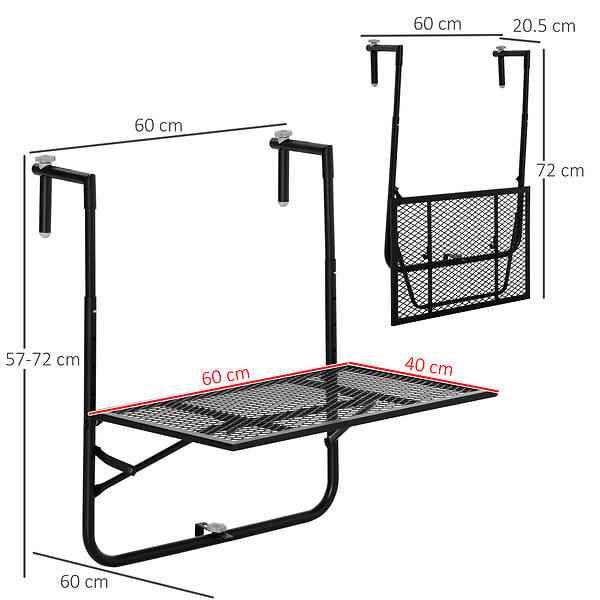 OUTSUNNY - Table suspendue de balcon pliable dim. plateau 60L x 40l cm hauteur réglable 57-72H cm métal époxy noir - large