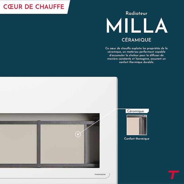 THOMSON - Radiateur électrique fixe à inertie sèche céramique - THOMSON - MILLA 1000W - Connecté WiFi - blanc - NF - large