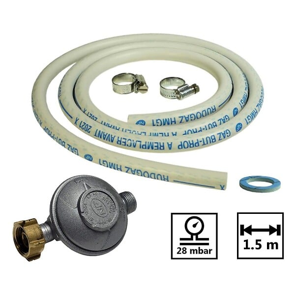 UNIVERS DU PRO - Kit connexion gaz pour réchauds gaz  Tuyau gaz souple 1.50m + Embout tétine + détendeur BUTANE 28 mbars - large