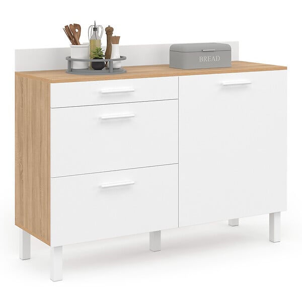 ID MARKET - Buffet bas de cuisine 120 cm casserolier CINA plan de travail H.83 cm 1 porte + 3 tiroirs façon hêtre et blanc - large