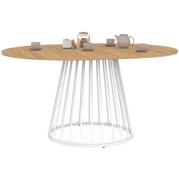 ID MARKET - Table à manger extensible ronde YUNA 4-8 personnes plateau bois et pied filaire en métal blanc 110 - 150 cm - large