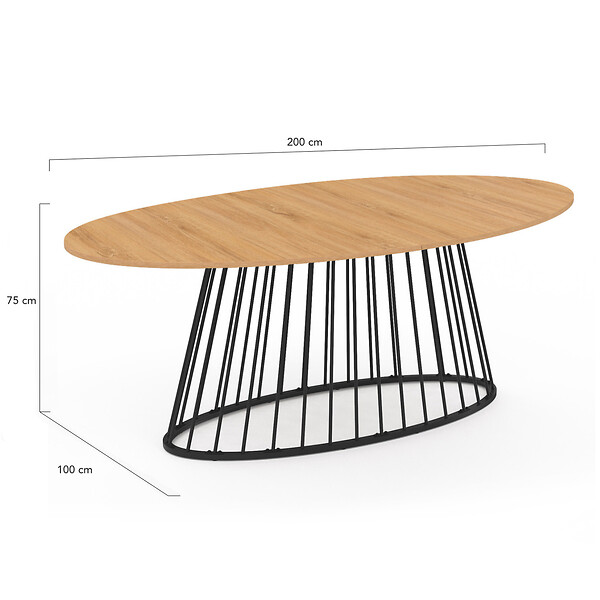 ID MARKET - Table à manger ovale YUNA 10 personnes plateau bois et pied filaire en métal noir 200 cm - large