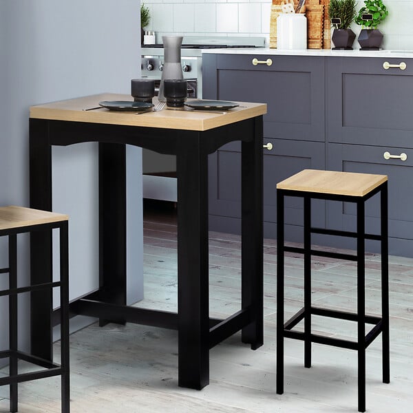 ID MARKET - Table haute de bar extensible DONA 2 à 4 personnes noire plateau façon hêtre 60-120 cm - large