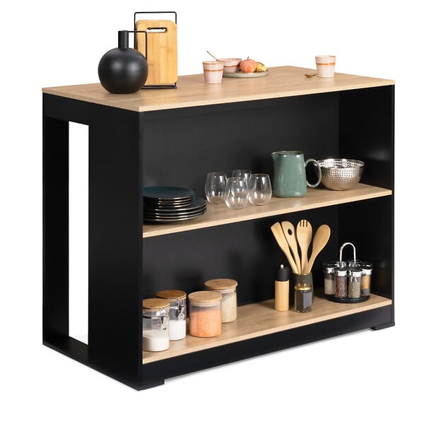 ID MARKET - Ensemble table de bar îlot JUNO bois noir avec plateau façon hêtre et 2 tabourets de bar DETROIT - large