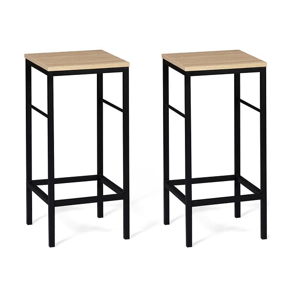 ID MARKET - Ensemble table de bar îlot JUNO bois noir avec plateau façon hêtre et 2 tabourets de bar DETROIT - large
