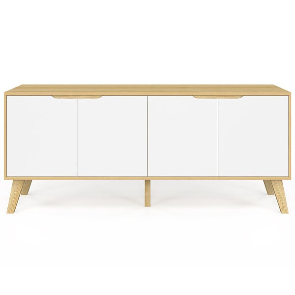 ID MARKET - Buffet bas scandinave 140 cm FINN  4 portes blanc et bois façon hêtre - large