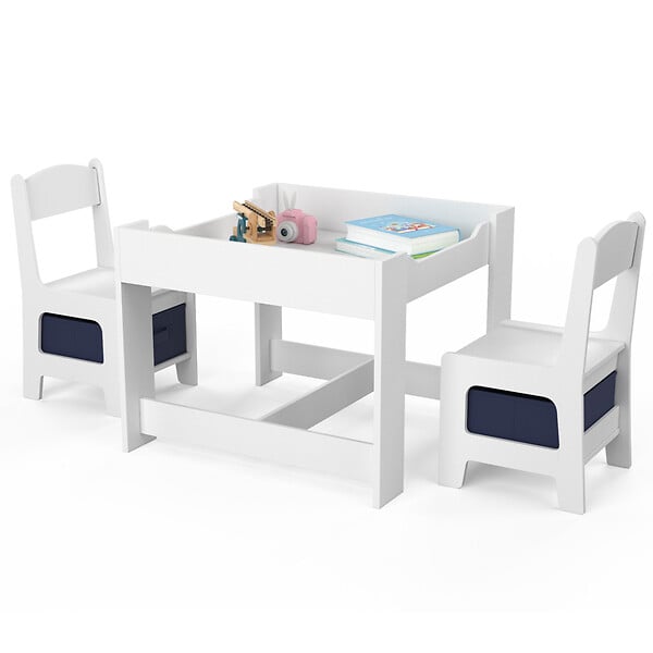 ID MARKET - Table à dessin reversible + 2 chaises GABRIEL blanc avec bacs de rangement - large