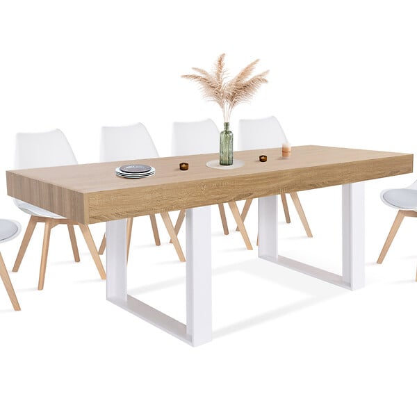ID MARKET - Table à manger rectangle PHOENIX 8 personnes bois et blanc 200 cm - large