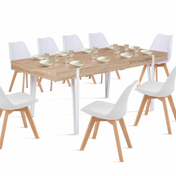 ID MARKET - Table à manger extensible rectangle AUSTRIA 6-10 personnes bois pied épingle blanc 160-200 cm - large