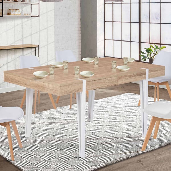 ID MARKET - Table à manger extensible rectangle AUSTRIA 6-10 personnes bois pied épingle blanc 160-200 cm - large
