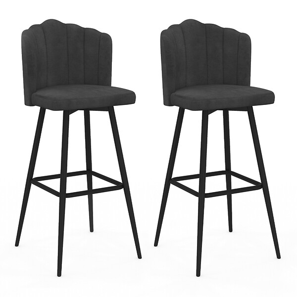 ID MARKET - Lot de 2 tabourets de bar coquillage ADELLA gris anthracite en velours pieds noirs - large