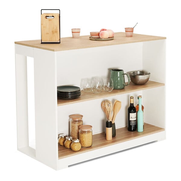 ID MARKET - Table de bar îlot JUNO bois blanc et plateau façon hêtre - large