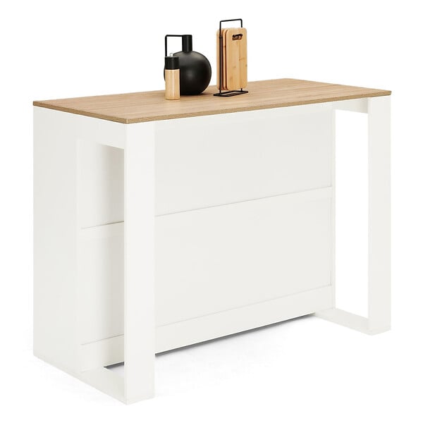 ID MARKET - Table de bar îlot JUNO bois blanc et plateau façon hêtre - large