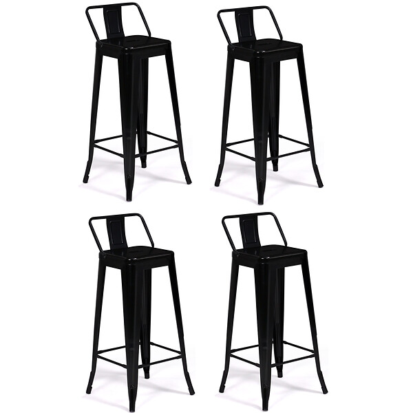 ID MARKET - Lot de 4 tabourets de bar LENY métal noir mat et dossier aspect brut factory - large
