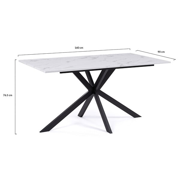 ID MARKET - Table à manger rectangle ALIX 8 personnes pied araignée noir et plateau effet marbre blanc ALASKA 160 cm - large