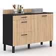 ID MARKET - Buffet bas casserolier de cuisine 120 cm CINA plan de travail H.83 cm 1 porte + 3 tiroirs noir et façon hêtre - vignette