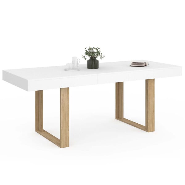 ID MARKET - Table à manger extensible rectangle PHOENIX 4-8 personnes blanc pieds bois 160-200 cm - large