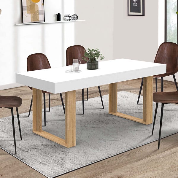 ID MARKET - Table à manger extensible rectangle PHOENIX 4-8 personnes blanc pieds bois 160-200 cm - large