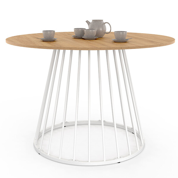 ID MARKET - Table à manger ronde YUNA 6 personnes plateau bois et pied filaire en métal blanc 110 cm - large