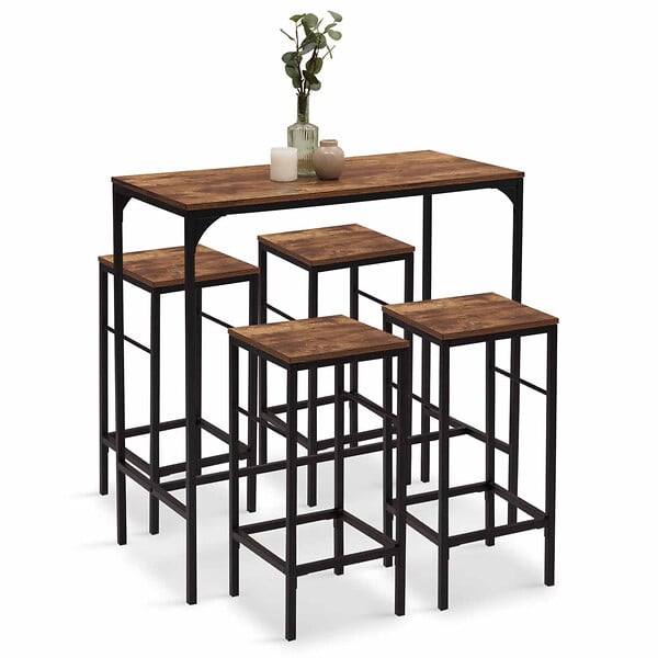 ID MARKET - Ensemble table haute de bar DAYTON 100 cm et 4 chaises de bar effet vieilli design industriel - large