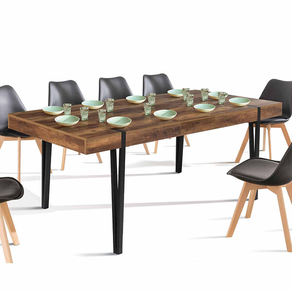 ID MARKET - Table à manger extensible rectangle AUSTRIA 6-10 personnes bois foncé pied épingle noir 160-200 cm - large