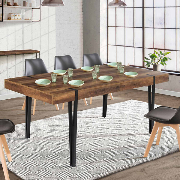 ID MARKET - Table à manger extensible rectangle AUSTRIA 6-10 personnes bois foncé pied épingle noir 160-200 cm - large
