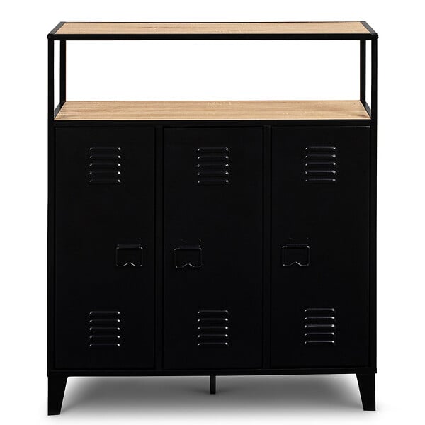 ID MARKET - Meuble de bar buffet ESTER 3 portes en métal noir plateau façon hêtre - large