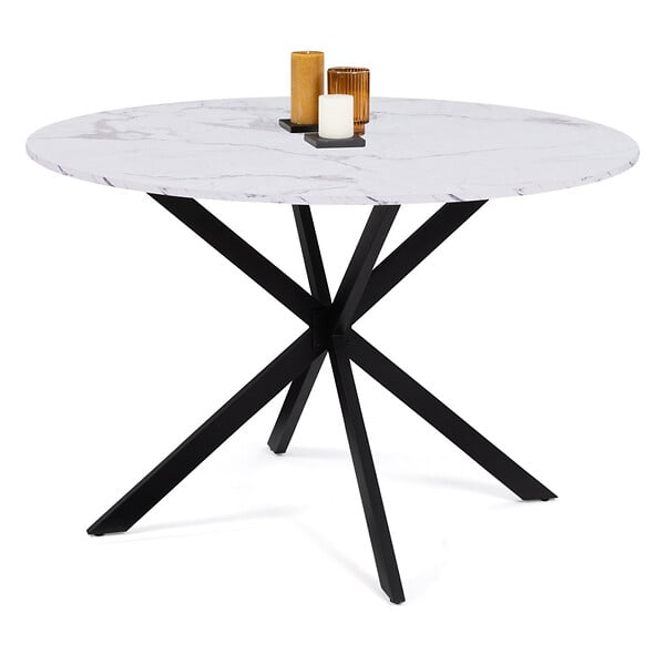 ID MARKET - Table à manger ronde ALIX 6 personnes pied araignée noir et plateau effet marbre blanc ALASKA 110 cm - large