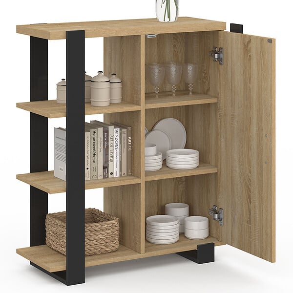 ID MARKET - Buffet d'appoint 3 étagères et placard 70 cm PHOENIX bois et noir - large