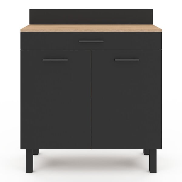 ID MARKET - Buffet bas de cuisine 80 cm CINA plan de travail H.83 cm 2 portes + tiroir façon hêtre et noir - large