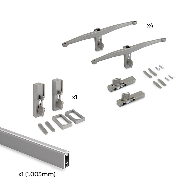 EMUCA - Kit de fixation pour 4 étagères en bois et 1 tringle de suspension de 1m de long Zero, Aluminium et Zamak et Plastique, Peint gris pierre - large