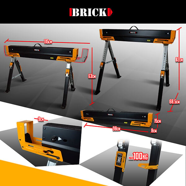 BRICK - Lot de 2 tréteaux d atelier métalliques pliables et téléscopiques - Charge max 1180kg - large