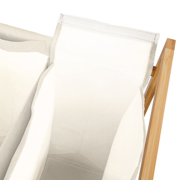 ID MARKET - Panier à linge 3 compartiments bambou RITA tissu écru avec roulettes - large