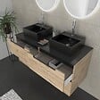 AURLANE - Meuble salle de bains 120cm Chene et noir, Vasques carrees et Miroirs Led Diam 50cm - OMEGA - vignette