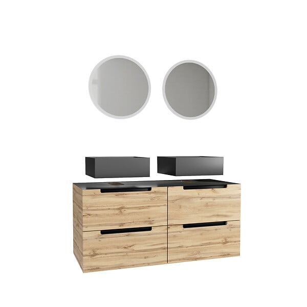AURLANE - Meuble salle de bains 120cm Chene et noir, Vasques carrees et Miroirs Led Diam 50cm - OMEGA - large