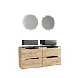 AURLANE - Meuble salle de bains 120cm Chene et noir, Vasques carrees et Miroirs Led Diam 50cm - OMEGA - vignette
