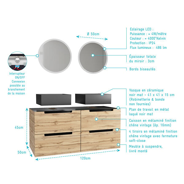 AURLANE - Meuble salle de bains 120cm Chene et noir, Vasques carrees et Miroirs Led Diam 50cm - OMEGA - large