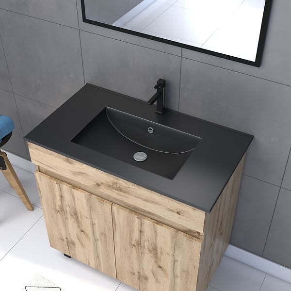 AURLANE - Meuble salle de bain 80x80 cm - Finition chene naturel + vasque noire + miroir - TIMBER 80 - Pack05 - large