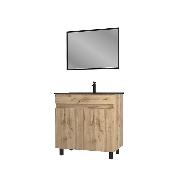AURLANE - Meuble salle de bain 80x80 cm - Finition chene naturel + vasque noire + miroir - TIMBER 80 - Pack05 - large