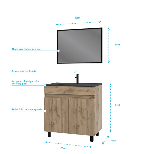 AURLANE - Meuble salle de bain 80x80 cm - Finition chene naturel + vasque noire + miroir - TIMBER 80 - Pack05 - large