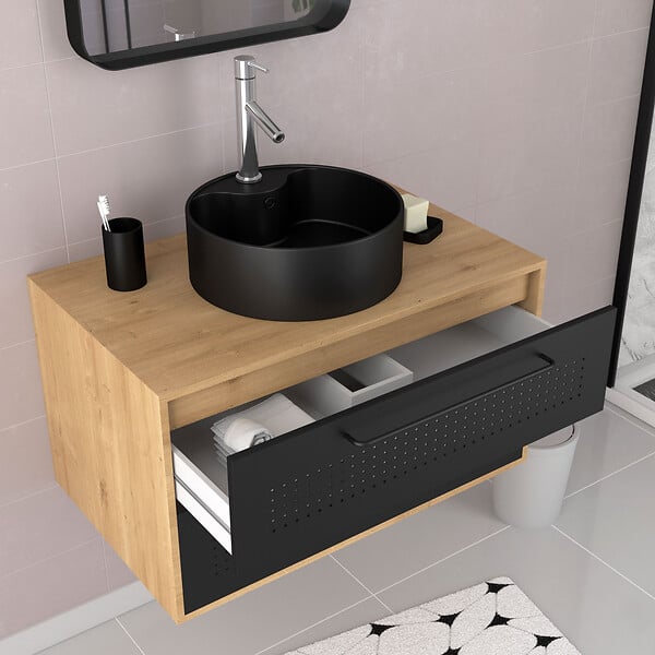 AURLANE - Meuble de Salle de Bains 80 cm avec Vasque Ronde - Finition Chêne naturel et Noir Mat - UBY - large