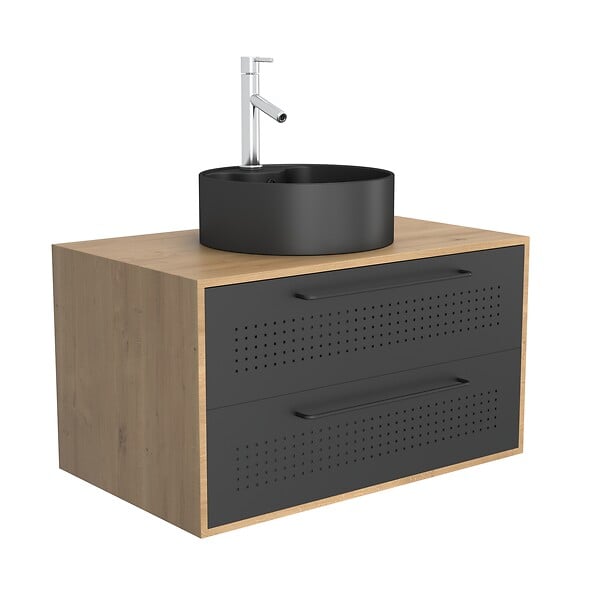 AURLANE - Meuble de Salle de Bains 80 cm avec Vasque Ronde - Finition Chêne naturel et Noir Mat - UBY - large