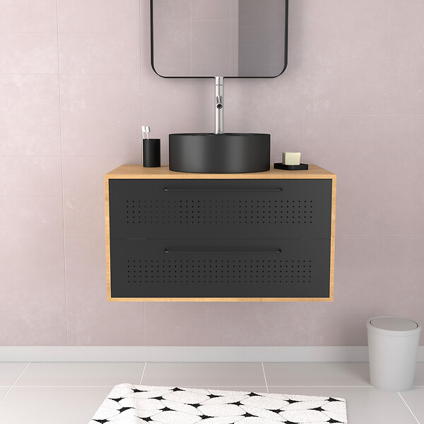 AURLANE - Meuble de Salle de Bains 80 cm avec Vasque Ronde - Finition Chêne naturel et Noir Mat - UBY - large
